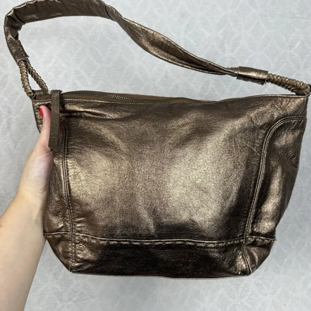 The Sak Leather Hobo Bag Metallic Bronze Brown Shoulder Purse Slouchy Boho Indie